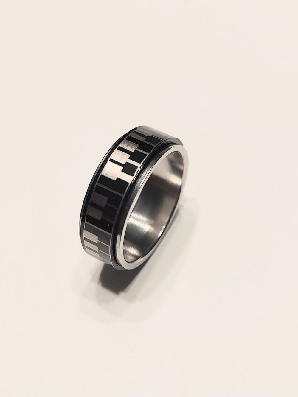 Men's Two-Tone Black and Silver Stainless Steel Patterned Ring